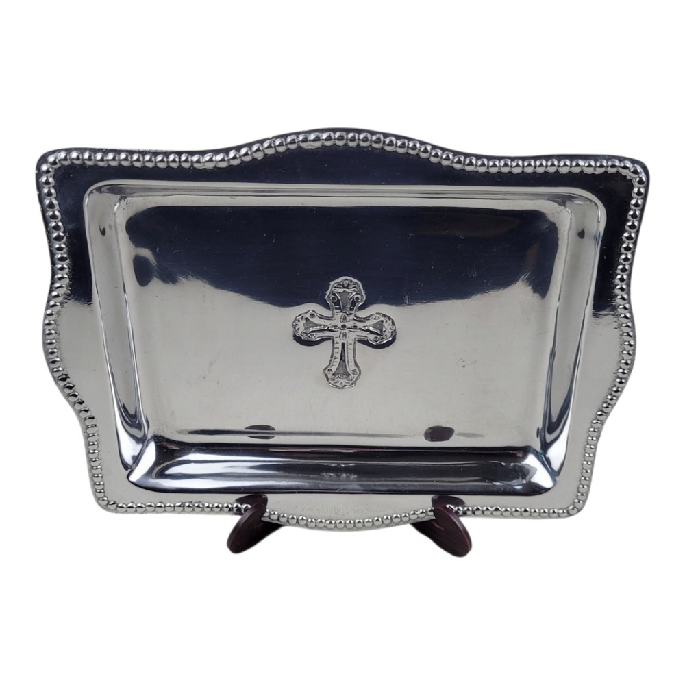 Beatriz‎ Ball Vento Baby Cross Polished Aluminum Beaded Tray 4x6 Religious Gift